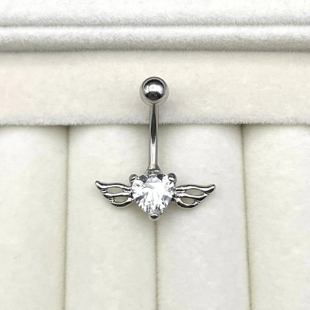316L Stainless Steel with White Diamond Cubic Zirconia Winged Heart Belly Ring